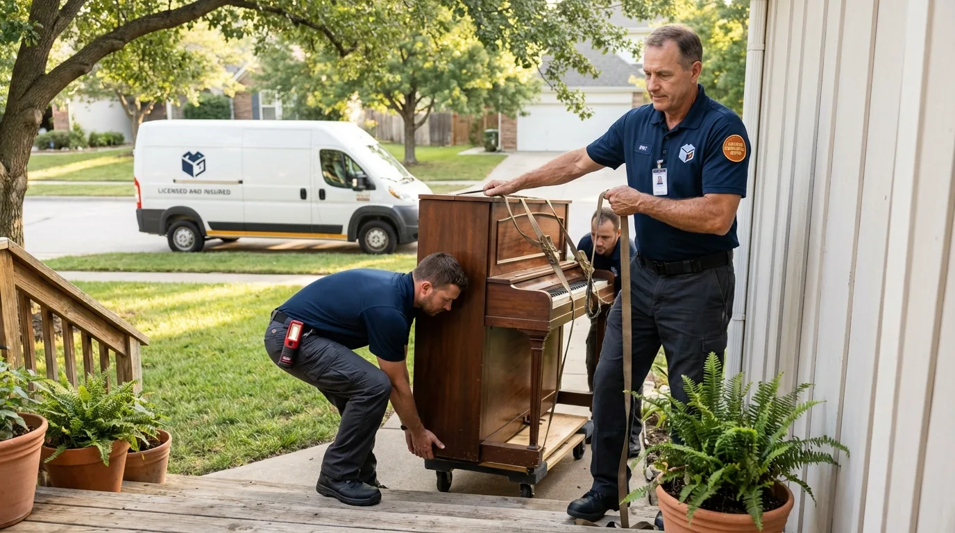 Licensed piano movers securing grand piano in Raven, VA